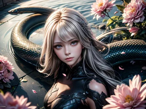 (Best Quality, 8K, Masterpiece, HDR, Soft Lighting, Picture Perfect, Realistic, Vivid), White Snake Girl (1.0), Naga Girl (1.0),...