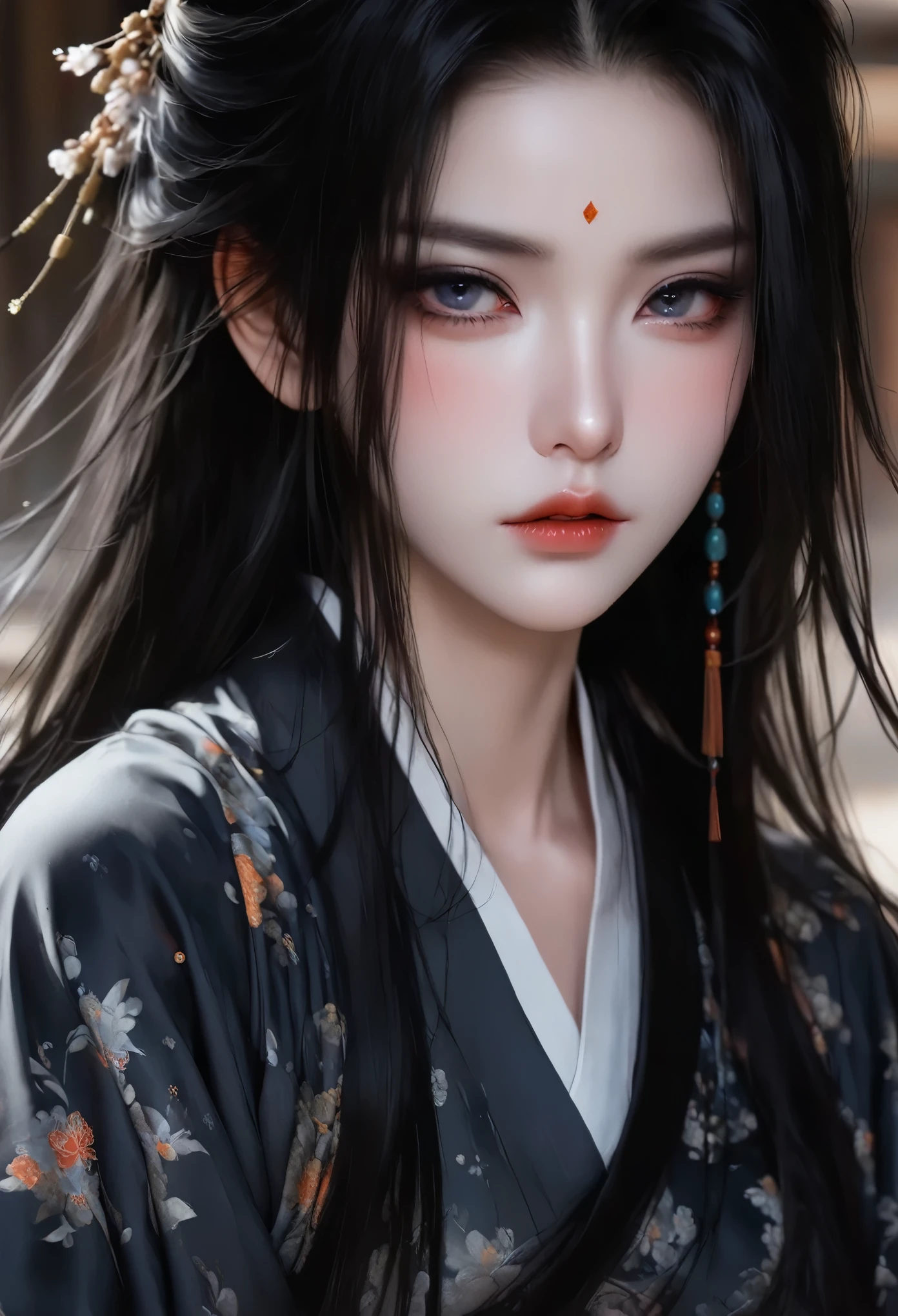 1 girl，Sexy，Flowing messy black hair，Hair shine，Skin details，Beautiful facial features，Exquisite makeup，Exquisite eyes，Eye details，Dark eyeshadow，small freckles，Plain Hanfu，Shoulder，arm