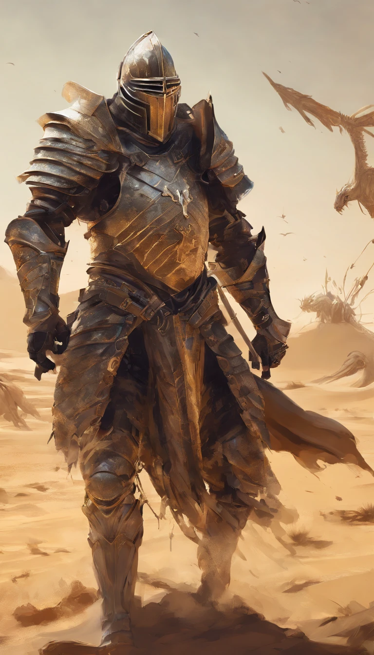 a highly detailed digital painting of a knight crusader fighting a huge monster scorpion on the sands of the middle eastern desert, extremely realistic, intricate armor, detailed facial features, dramatic lighting, warm desert colors, cinematic composition, dramatic action pose, detailed scorpion anatomy, sand effects, volumetric lighting, dust particles, photorealistic, 8k, masterpiece