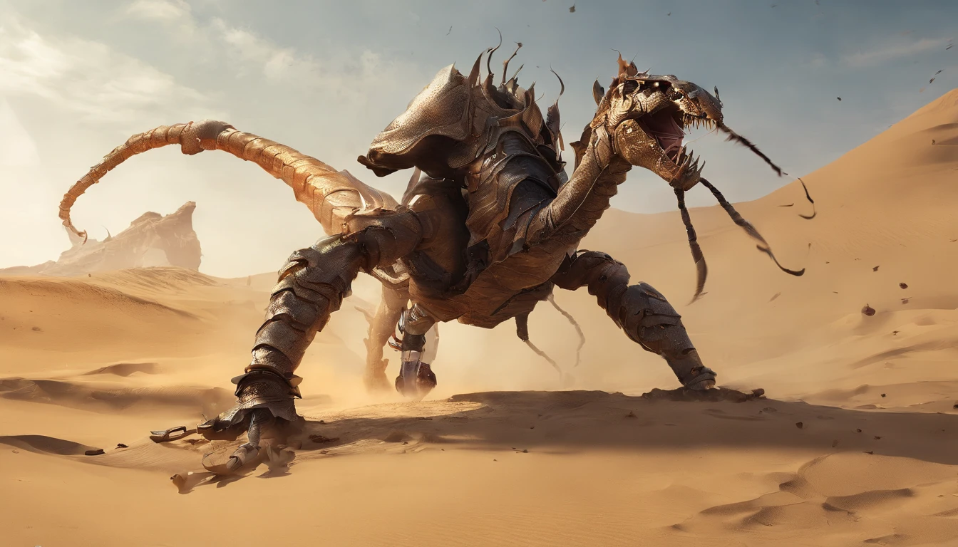 Fantasy, absurde, a highly detailed digital painting of a knight crusader fighting a huge monster scorpion on the sands of the middle eastern desert, extremely realistic, intricate armor, detailed facial features, dramatic lighting, warm desert colors, cinematic composition, dramatic action pose, detailed scorpion anatomy, sand effects, volumetric lighting, dust particles, photorealistic, 8k, masterpiece