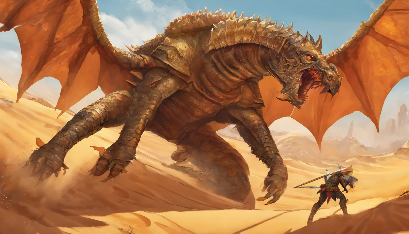 a highly detailed digital painting of a knight crusader fighting a huge monster scorpion on the sands of the middle eastern desert, extremely realistic, intricate armor, detailed facial features, dramatic lighting, warm desert colors, cinematic composition, dramatic action pose, detailed scorpion anatomy, sand effects, volumetric lighting, dust particles, photorealistic, 8k, masterpiece