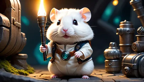 sci-fi style，((a white hamster dressed as a cool adventurer，refined and classic adventure clothing，standing with a torch))，an ad...