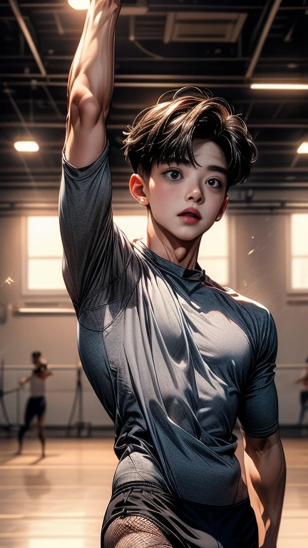 ((Male  body)), ((((Son Dongpyo face and hair)))),  ((in dance practice room)),  ((practicing male ballet with long bulge)),  ((sweaty body wearing sexy fishnet clothing)),  ((from below shot)),  ((Dongpyo sexy face)),  Dongpyo hair,  perfect eyes,  realistic human anatomy,  realistic skin,  photorealistic,  cinematic lighting,  hyper realistic,  elegant,  ultra detailed,  sharp lines,  uplight