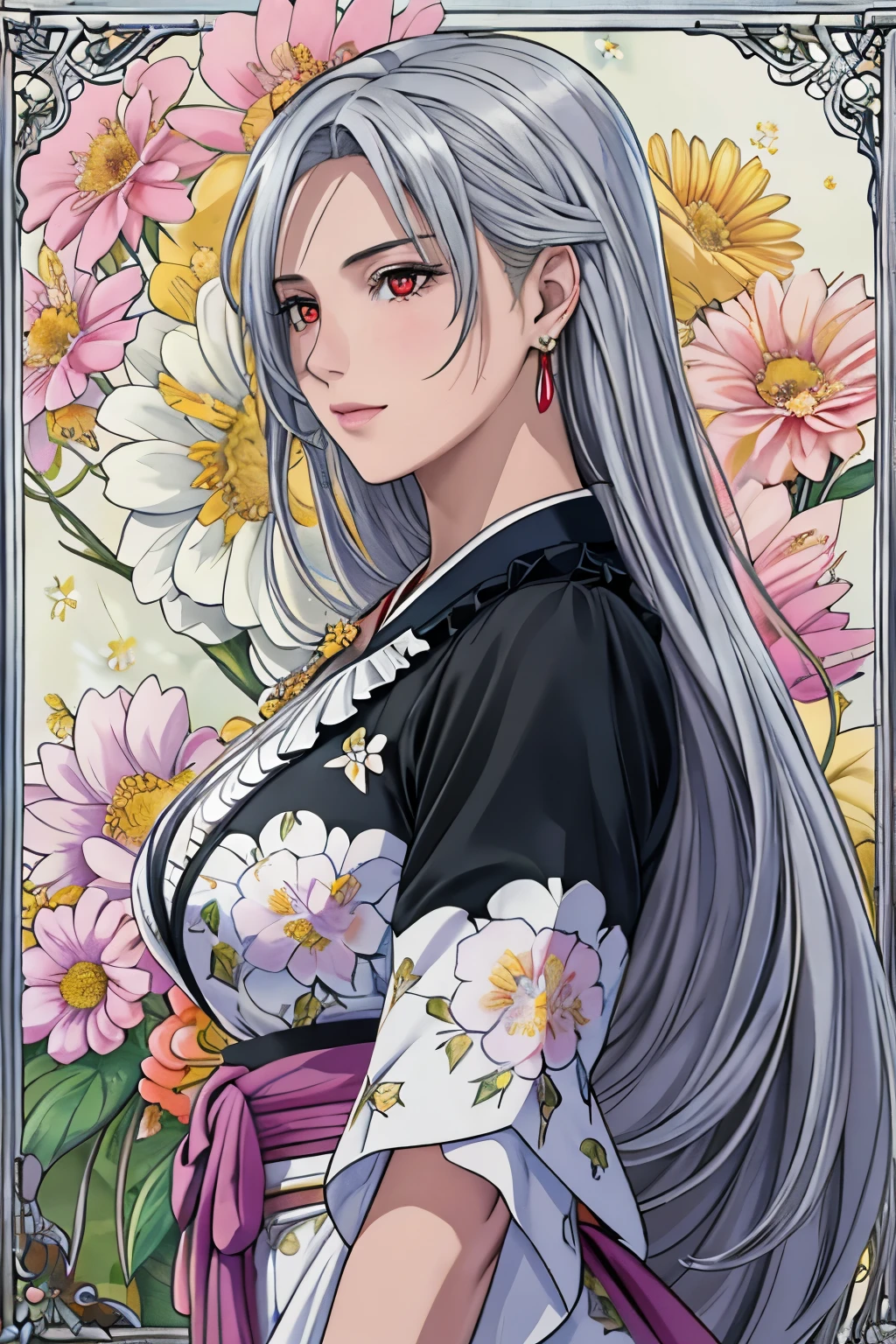 (​masterpiece, top-quality, top-quality, Official art, Beautifully Aesthetic:1.2), red eyes, (highest quality, masterpiece painting:1.3), immature woman, 16 years old, (half body shot), masterpiece, ultra high resolution, (((Flower frame, A lot of flowers in the frame, round frame, A beautiful girl fits into the frame))), Decorative panel, abstract art, (shot from a side angle), (Photoreal:1.0), ((light silver hair)),straight hair, beautiful shining hair, white and shining skin, Painterly, sketch, Texture, 超A high resolution, solo, Beautuful Women, A highly detailed, (Fractal Art:1.1), (colourfull:1.1), (florals:1.6), The most detailed, (Zentangle:1.2), (Dynamic Poses), (Abstract background:1.3), (shinny skin), (Many colors:0.8), (earrings:1.4), (pluma:0.9), Taisho romance