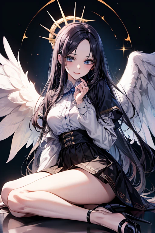 ((forehead)), masterpiece, masterpiece_portrait, distinct, distinct_image, high_resolution, highres, high_quality_anime, high_quality, hyper_detail, finely_detailed,4K, YUJU, GFRIEND , sexy body, ((black hair)), blue eyes, smile, happy, angel, ((white wings)), angel clothes, skirt, high heel, heaven, ((whole body))