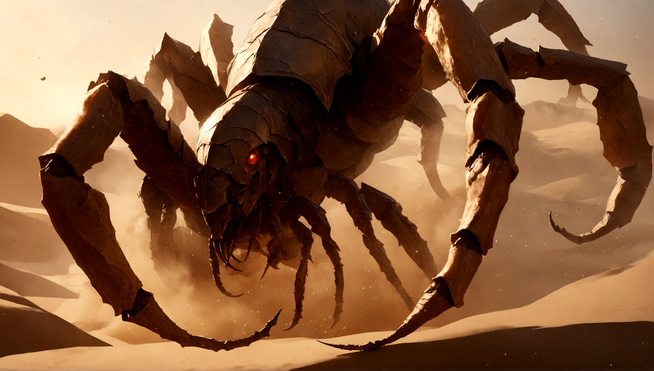 Fantasy, absurde, a highly detailed digital painting of a knight crusader fighting a huge monster scorpion on the sands of the middle eastern desert, extremely realistic, intricate armor, detailed facial features, dramatic lighting, warm desert colors, cinematic composition, dramatic action pose, detailed scorpion anatomy, sand effects, volumetric lighting, dust particles, photorealistic, 8k, masterpiece