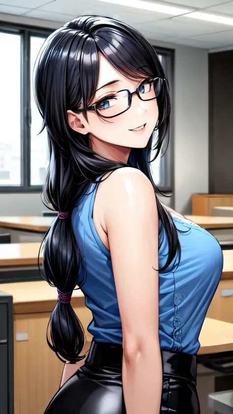 ((One girl)),((alone)),Glasses,Blue Shirt,mini skirt,(shiny black mini skirt),View Viewer,((A delicate smile)),clavicle,office l...