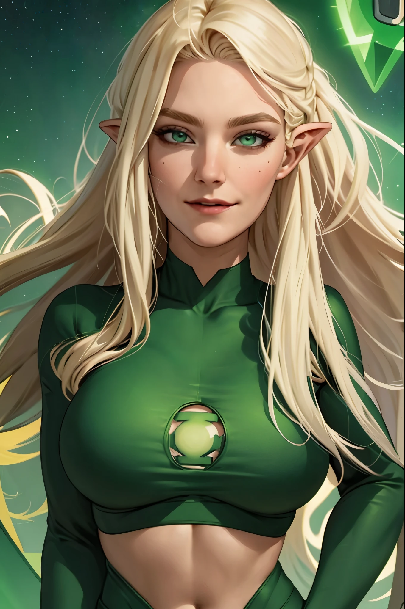 woman, long blonde hair, dark eyes, happy face, crop top with long sleeves, wearing a green ring, space background, huge breasts, sexy, feminine, masterpiece, beautiful detailed eyes, detailed face, looking at viewer, glowing, half body portrait, green lantern, eva elfie, magazine pose, flying,