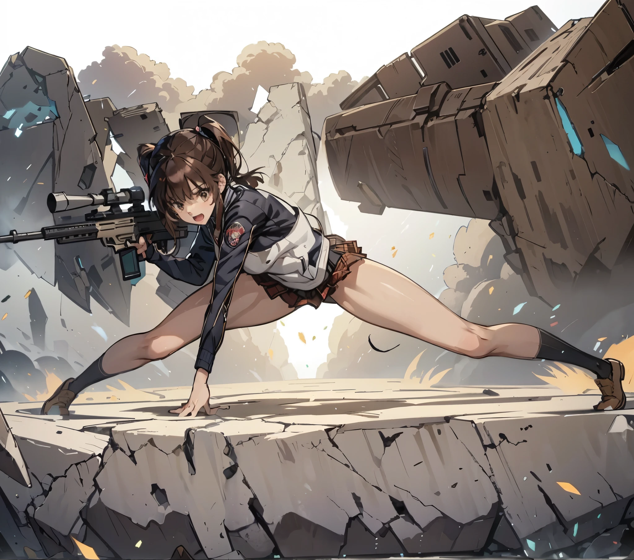 1girl, solo, open mouth, skirt, simple background, brown hair, shirt, white background, holding, twintails, brown eyes, , jacket, full body, weapon, pleated skirt, shoes, socks, holding weapon, gun, plaid, plaid skirt, brown footwear, sunglasses, letterboxed, black socks, loafers, holding gun, eyewear on head, handgun, dual wielding, aiming, letterman jacket