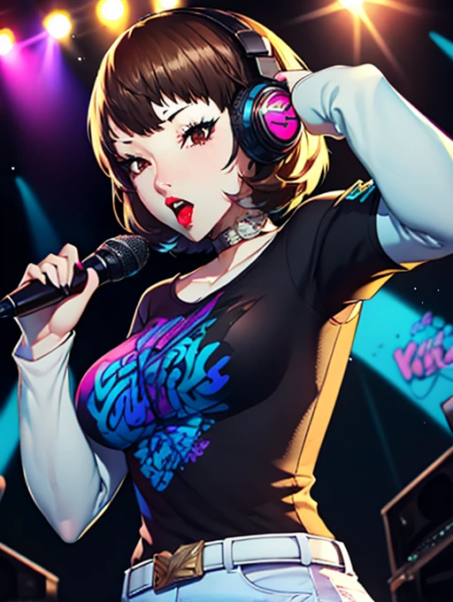 YukariP3, earrings ,lipstick, eye shadow, makeup, 1girl, solo, black t-shirt, white shirt, blue jeans, belt, lipstick, large breasts, layered sleeves, sexy pose, holding a microphone, singing, stage background, headphones