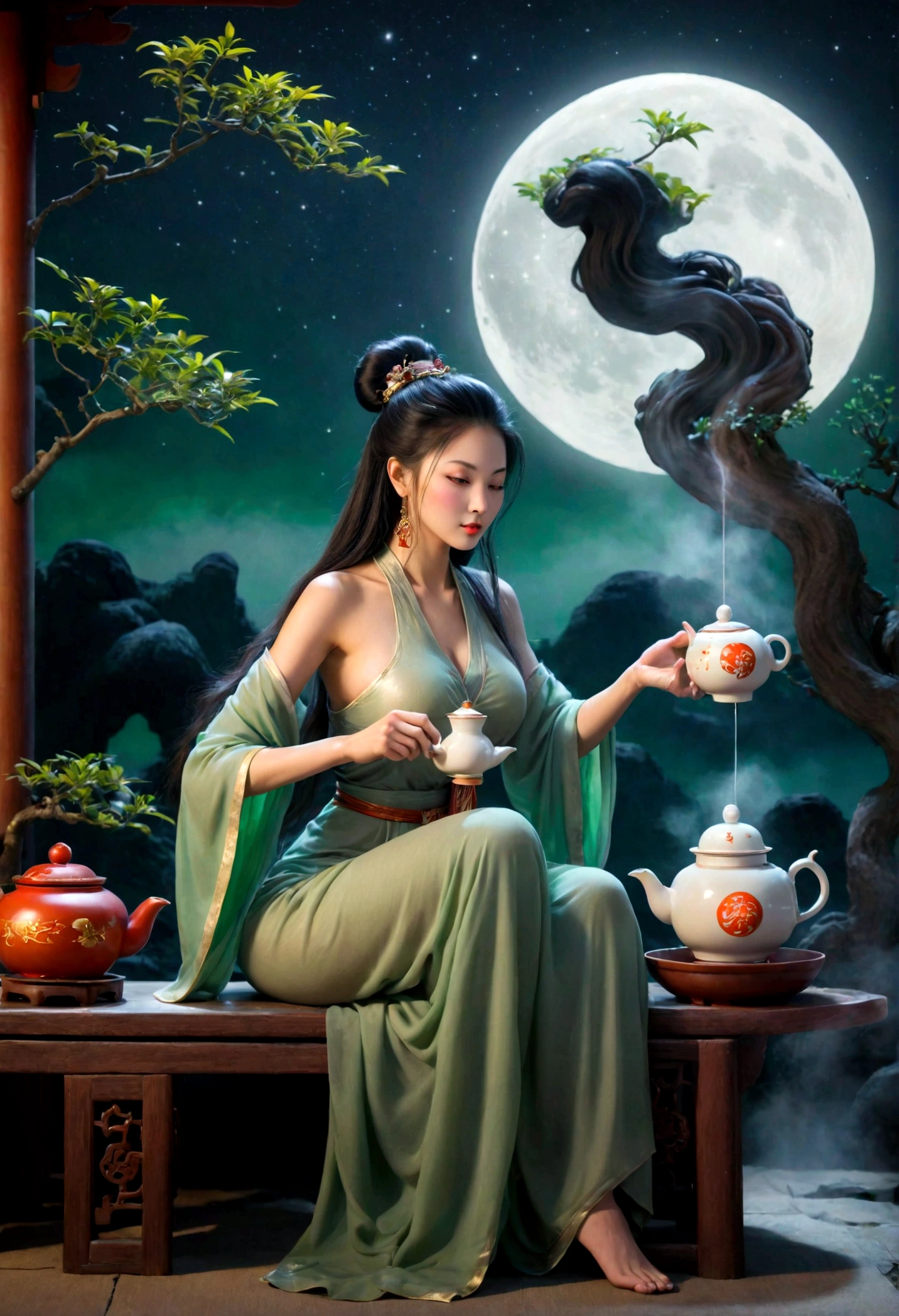 goddess Chang&#39;e sitting pouring tea from a jade teapot with a full moon in the background, with a more ethereal atmosphere, ela semitransparente, com um espectro de luz, para poder usar como logo em um trabalho dobre a mitologia chinesa