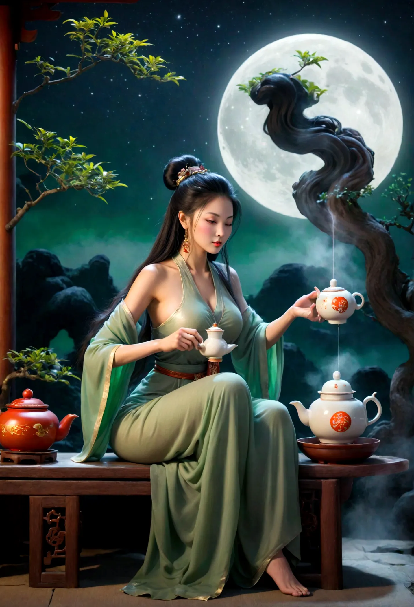 goddess Chang&#39;e sitting pouring tea from a jade teapot with a full moon in the background, with a more ethereal atmosphere, ...