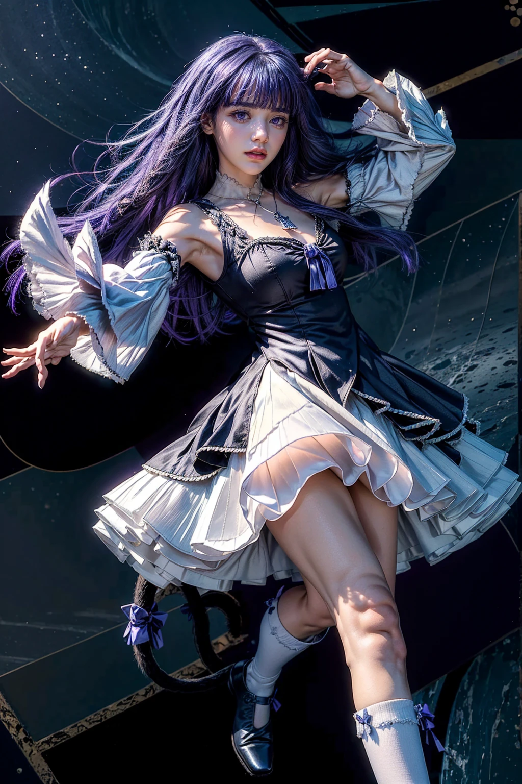 masterpiece,best quality,1girl,frederica bernkastel,purple hair,cat tail,tail bow,purple eyes,tail ornament,dress,bowtie,socks,expressionless,outstretched arms,outer space,surrounded by  floating crystal,cowboy shot, necklace with cross, HD 16k RAW photography, perfectly drawn hands, 