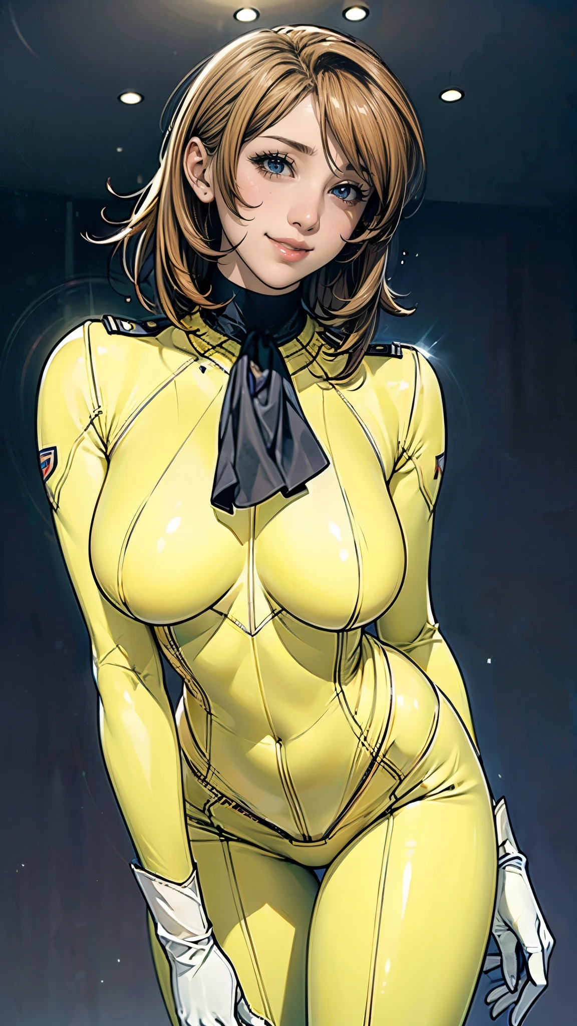 (masterpiece),(highest quality),(Very detailed),(High resolution),(Photorealistic Stick),(Realistic),(8K),wallpaper,Perfect lighting,BREAK(One Woman),((Moriyuki:1.5)),(Mori Bodysuit, Yellow bodysuit, belt:1.5),(Mori Uniform, White gloves, uniform, Brown jacket, Ascot, belt:1.5),(22 years old),(((Extremely form fitting bodysuit:1.5))),(((Very detailed bodysuit drawing:1.5))),(Beautiful Eyes:1.5),(Detailed face drawing:1.5),(Detailed face drawing:1.5),((Very detailed female hand:1.5)),(Shiny skin:1.0),(((Very muscular:1.5))),((Big Breasts:1.5)),(Wall thickness),(((Thick thighs:1.5))),(Sensual body),(Black background:1.5),(((Blur the background:1.5))),(((Leaning forward:1.5))),(((A gentle smile:1.5))),(From below:1.4)