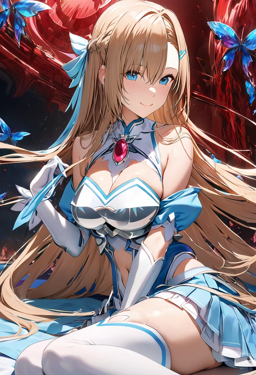 masterpiece, highest quality, High resolution、highest quality、unity 8k wallpaper、32K、Very detailed、超High resolution、Very detailedな顔、RAW Photos、Professional、Ultra-fine painting、創世の魔法少女ステイシア・asuna、Blue Blood Knights Uniform、Indigo and blue magical girl costume、Puff sleeves、Shoulder rest、Silver Breastplate、Pleated skirt、Long gloves、Thigh-high stiletto boots、A large indigo and blue ribbon with a large ruby brooch on the chest、Hair Clip、Hair Ribbon、asuna \(star\)