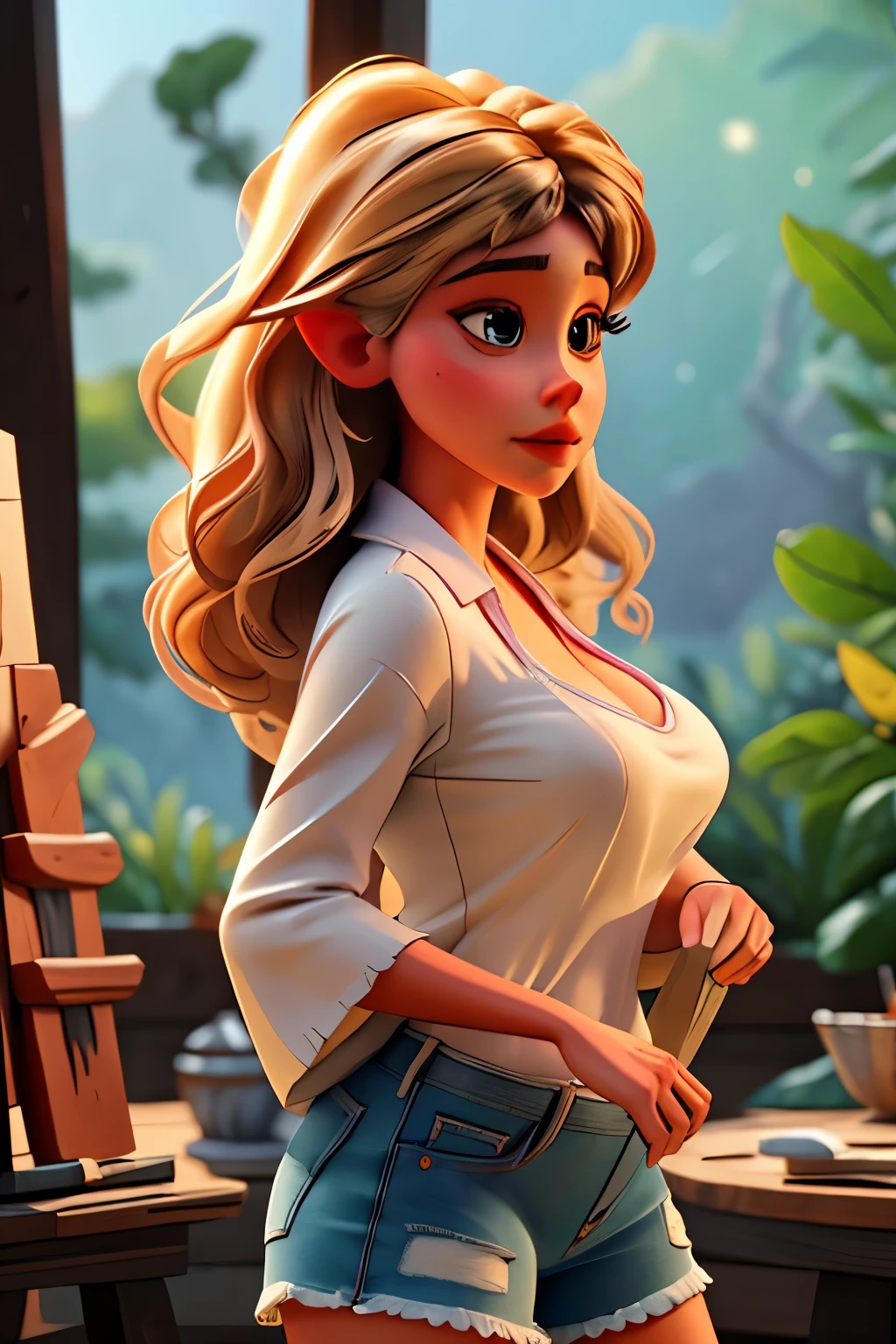 Elfa Feminina, voluptuoso, Intrincado, elegante, Altamente detalhado, grande saque magnificamente detalhado e acentuado, vestindo camiseta molhada e shorts jeans, mulher aborígine, pintura digital, estação de arte, arte conceitual, suave, foco nitído, ilustração, arte de artgerm e greg rutkowski e alphonse mucha, 32 mil, 