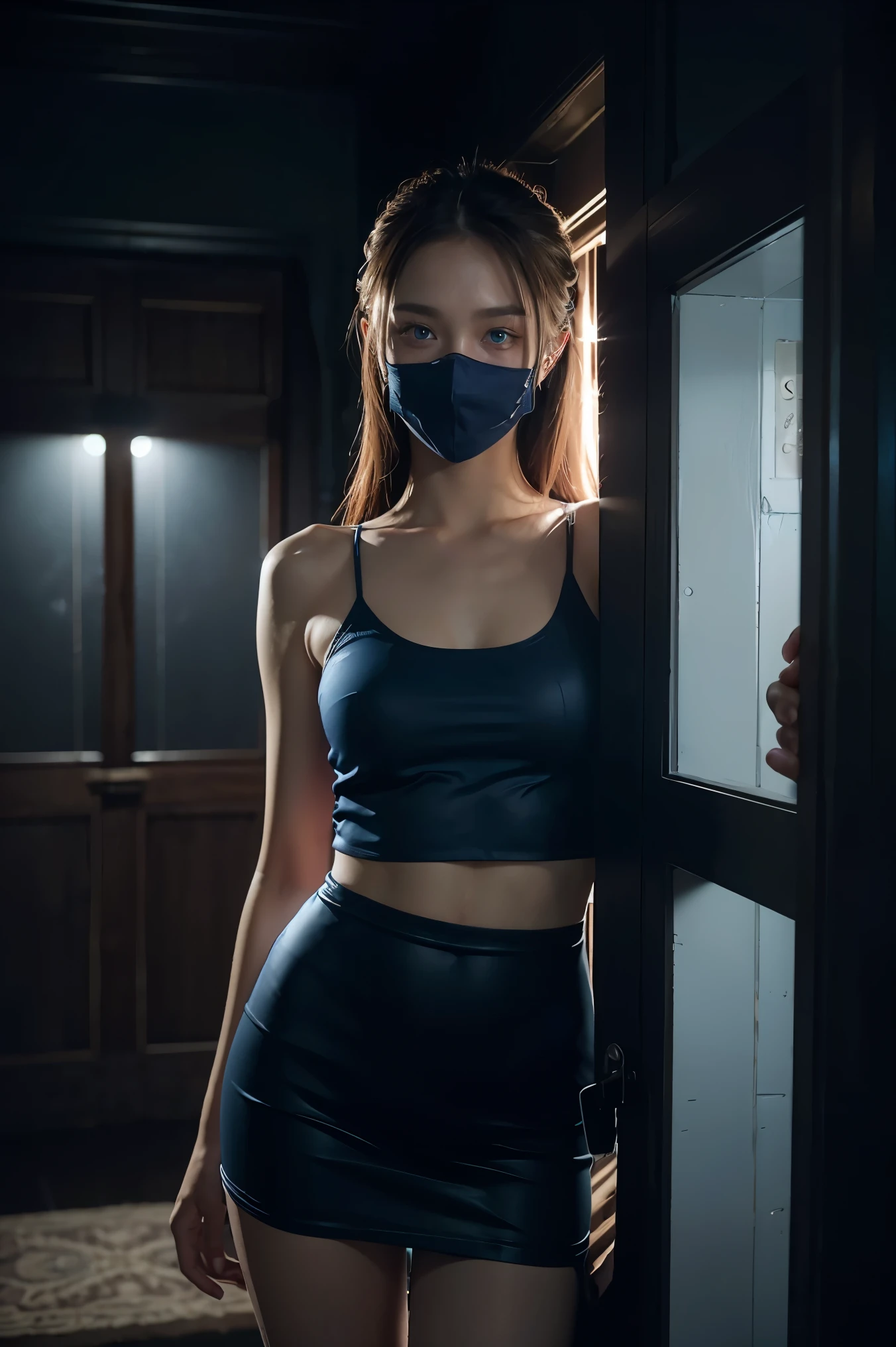 1girl, beautiful 1 girl, waering mask, gorgeous blue eyes, cute, ,happy, standing at doorway, private dark office, dark moody lighting, realistic, photorealistic, 8k, best quality, masterpiece, highly detailed, ultra-detailed, physically-based rendering, vibrant colors, dramatic lighting, cinematic