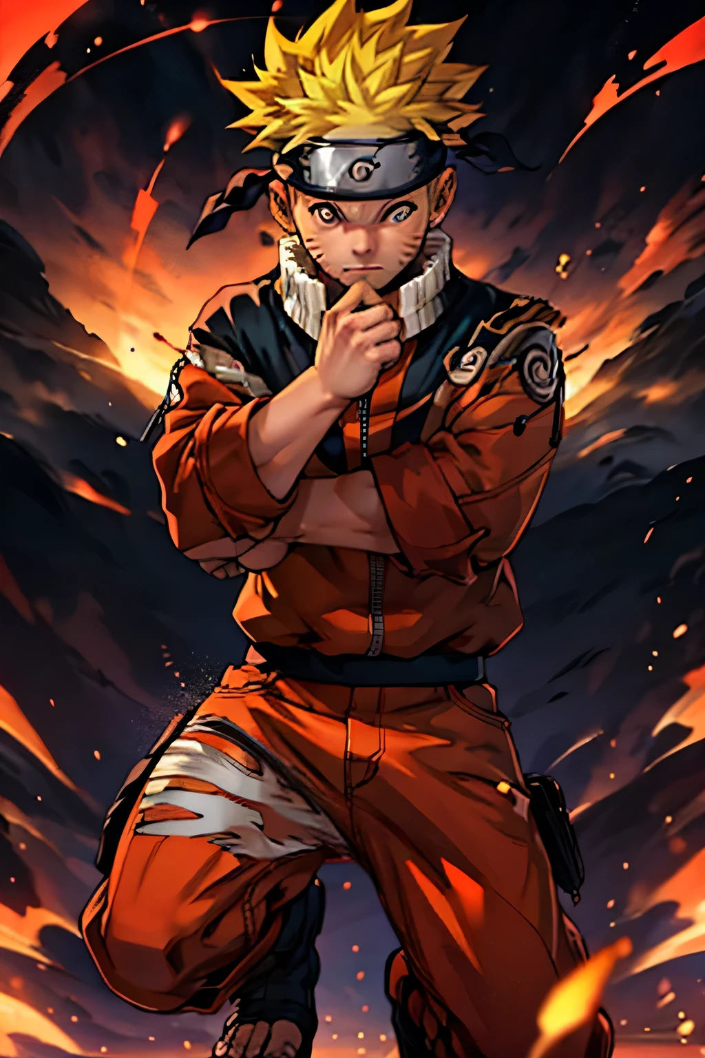  Create a stunning artwork of  naruto uzumaki in action with dynamic pose and intense expressions, highlight the character unique abilities and strengths, full body photoshoot, solo, top-quality, Professionally written, ninjartist, ultra detailed leaf village head band logo, perfect  drawn body parts, perfect hands, perfect fingers, ultra detailed, perfect face, explosions and debris and rocks flying around, vibrant colors, use detailed linework to bring the scene to life, volconic ground, flames and smoke background, focus on the focal point of the action, official orange costume, long sleeves, nine tails chakra, masterpiece, 