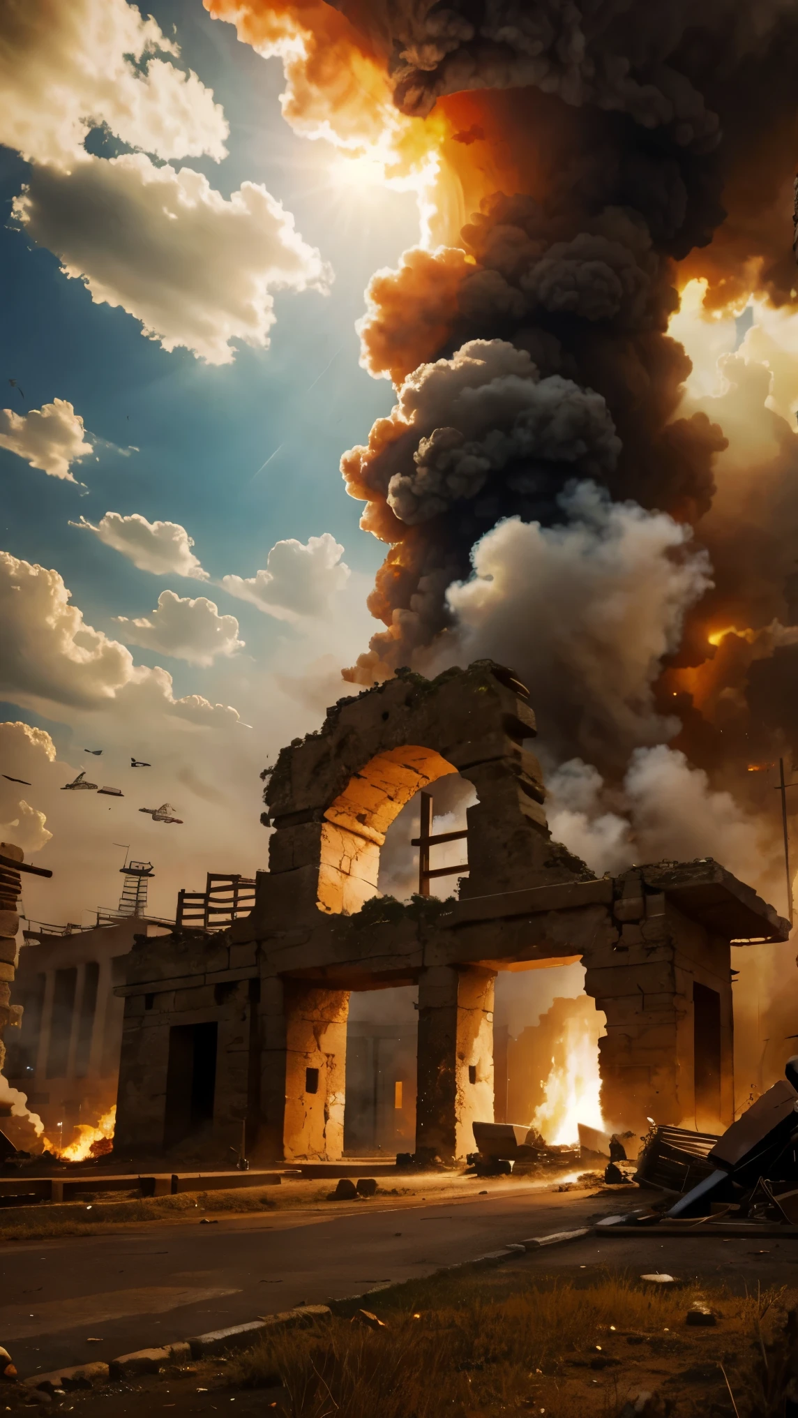 surreal image of the fiery hole in the sky consuming everything evokes a haunting mood of helplessness and impending doom. Ancient city is burning. people running scared