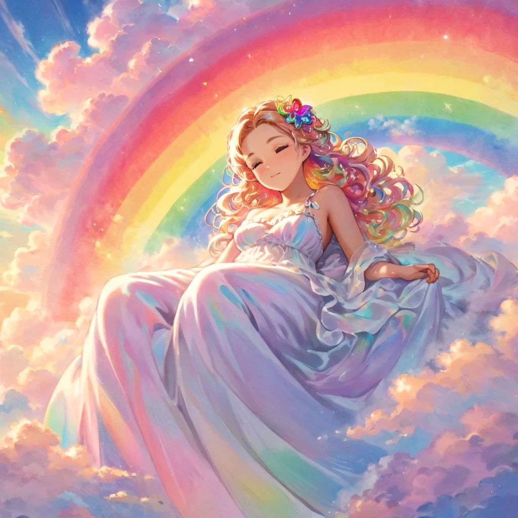 Eine atemberaubend ätherische Frau, bestehend aus einer schillernden Palette von Regenbogenfarben, lehnt sich anmutig am Ende eines strahlenden Regenbogens inmitten der flauschigen Wolken am Himmel zurück. In dynamisches und bezauberndes Licht getaucht, betont ihre lebendige, vollmundige Form. Fantasy-Kunst. Meisterwerk 