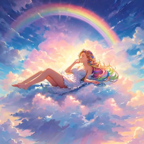 A stunningly ethereal woman, composed of a dazzling array of rainbow hues, reclines gracefully at the end of a radiant rainbow a...