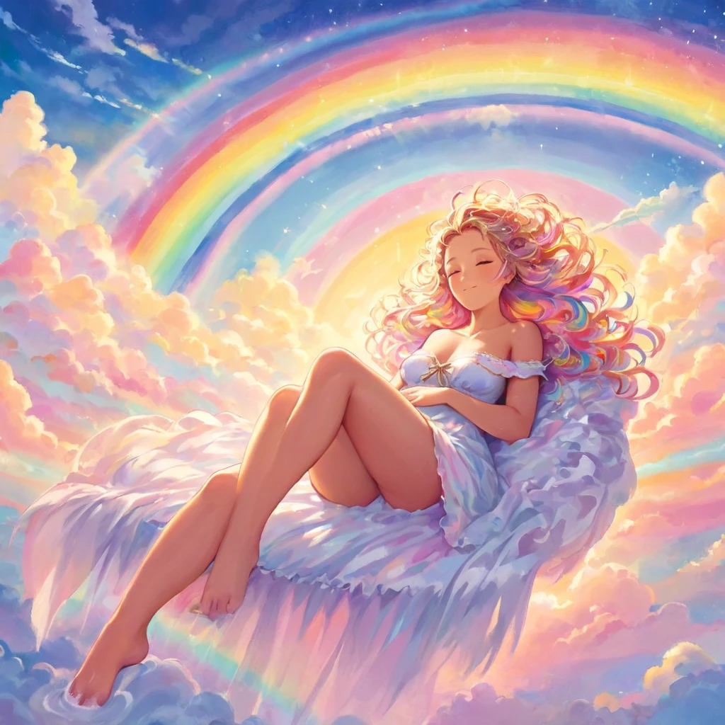 A stunningly ethereal woman, composed of a dazzling array of rainbow hues, reclines gracefully at the end of a radiant rainbow amidst the fluffy clouds in the sky. Bathed in dynamic and enchanting lighting, accentuates her vibrant, full-bodied form. Fantasy art. Masterpiece 