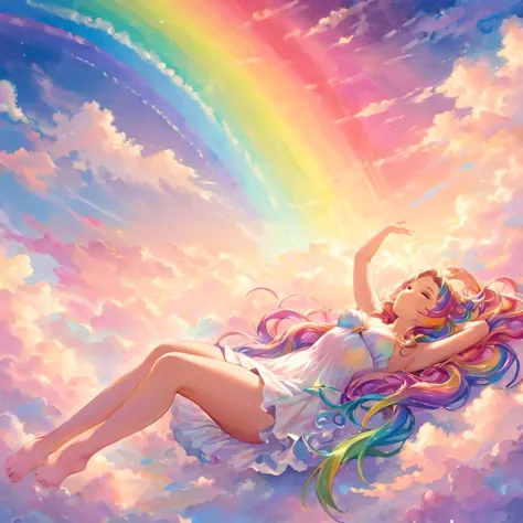 A stunningly ethereal woman, composed of a dazzling array of rainbow hues, reclines gracefully at the end of a radiant rainbow a...