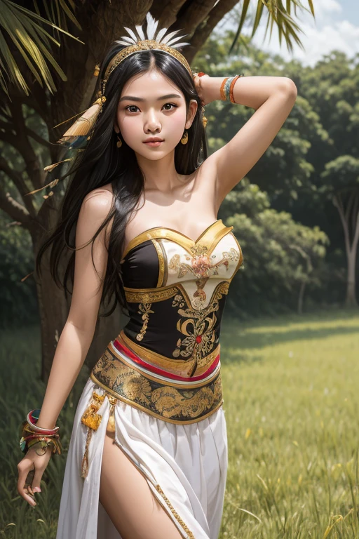 16 ans, jeune fille indonésienne chinoise, longs cheveux noirs, joli visage, beaux seins, peau blanche, Portant des vêtements traditionnels javanais sans bretelles et sans manches, avec une décoration en plumes d&#39;oiseau sur la tête, dansant avec les aisselles exposées dans un champ d&#39;herbe 