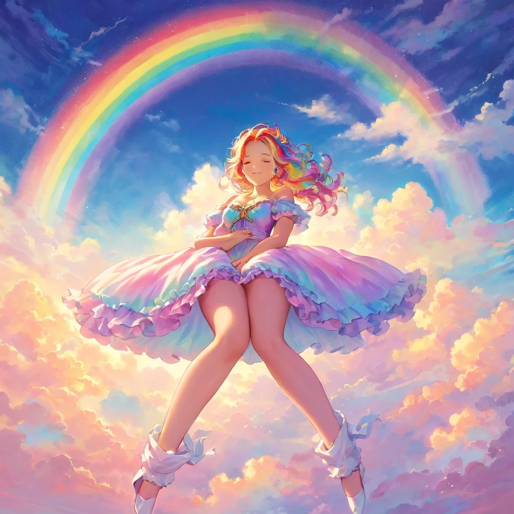 Eine atemberaubend ätherische Frau, bestehend aus einer schillernden Palette von Regenbogenfarben, lehnt sich anmutig am Ende eines strahlenden Regenbogens inmitten der flauschigen Wolken am Himmel zurück. In dynamisches und bezauberndes Licht getaucht, betont ihre lebendige, vollmundige Form. Fantasy-Kunst. Meisterwerk 