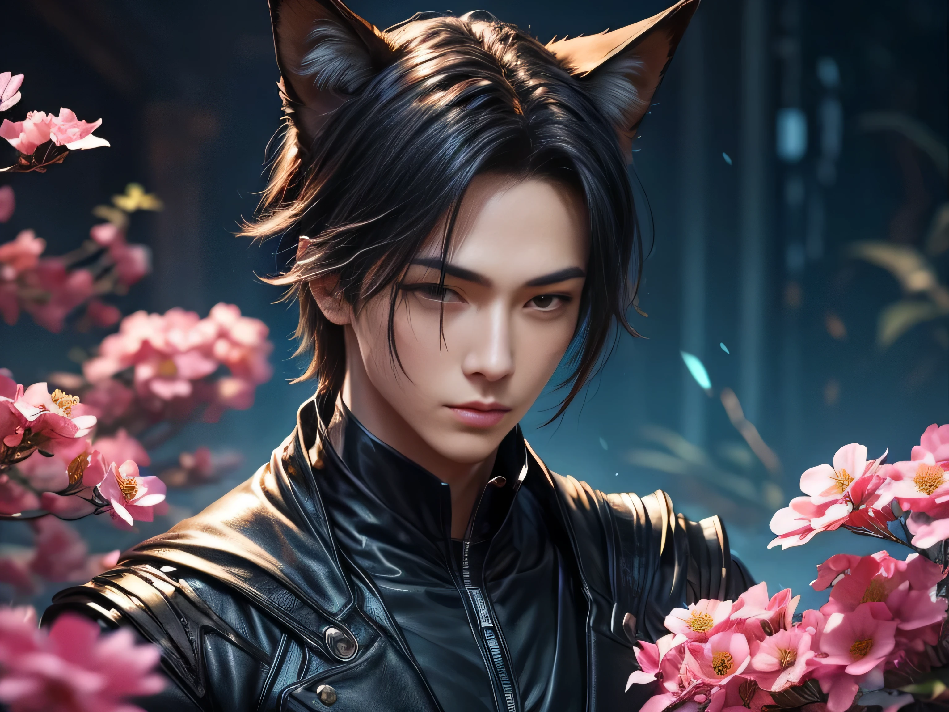 (Best Quality, 8K, Masterpiece, HDR, Soft Lighting, Picture Perfect, Realistic, Vivid), Nine Tails of a Black Fox (1.0), Tail of a Black Fox (1.0), Nine-Tailed Fox, Guy Fox with Black Hair, Fox ears and Blue Suit Sexy open leather suit, naked torso with developed body, beautiful fantasy anime, very handsome and cute fox guy, pink flower rain, background blur, anime fantasy, Gouves style work, realistic: 1.37, top view, lying in pink flowers, horizontal view, (ultra high quality fantasy art), masterpiece, male model, ultra high quality male character design, anime art with 8k development, realistic anime art, highest quality wallpaper illustrations, complex ultra high quality accurate male characters faces, high quality design and accurate physics (super high quality fantasy style)) art, dark fantasy)) Style), masterpieces, super high-quality characters, anime resolution - 8K, realistic anime art, wallpapers with the highest quality illustrations, ultra-high detail of faces, high-quality design and accuracy of physics), color, depth of field, shadows, ray tracing , production of high-quality computer wallpapers and 8K resolution, (Accurate simulation of the interaction of light and materials)], [High-quality hair detail [More about beautiful and shiny red hair]], (Beautifully detailed hands [perfect fingers [Perfect nails]], (perfect anatomy (perfect proportions)))) [[Full-length]], [Perfect combination of colors (Accurate imitation of the interaction of light and material)], [art that conveys the meaning of the story]