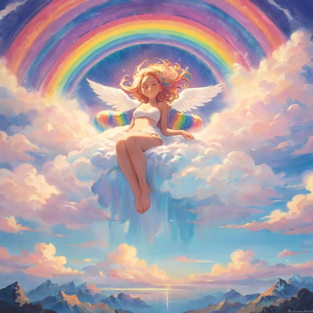 A stunningly ethereal woman, composed of a dazzling array of rainbow hues, reclines gracefully at the end of a radiant rainbow amidst the fluffy clouds in the sky. Bathed in dynamic and enchanting lighting, accentuates her vibrant, full-bodied form. Fantasy art. Masterpiece 