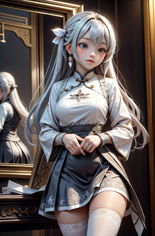 masterpiece,best quality,Official Art, Extremely detailed CG unity 8k wallpaper,absurd,8k resolution,Ukiwo,Moles under the eyes,Colored contact lenses,Maozui,Awkward,long hair,Silver Hair,hair behind ears,Ribbon trim,(cheongsam:1.4),(Transparent clothes:1.2),Lace tights,Socks drape,Ice crystal texture,Looking in the mirror,skirt lift,In winter,snowflake,Tanabata,movie lighting
