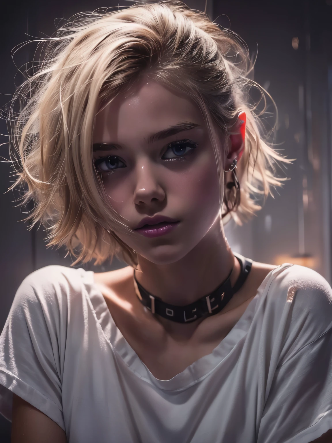 1 young girl, blonde hair, white wet tshirt, flat chested, 18yo (best quality:1) , (masterpiece:1), (ultra detailed:1), photorealism, upper body, (looking at viewer:1.1), (indoors, night, darkness, dark room:1.2)
side on, short hair, choker, atmospheric lighting, moody and gritty, low key lighting
