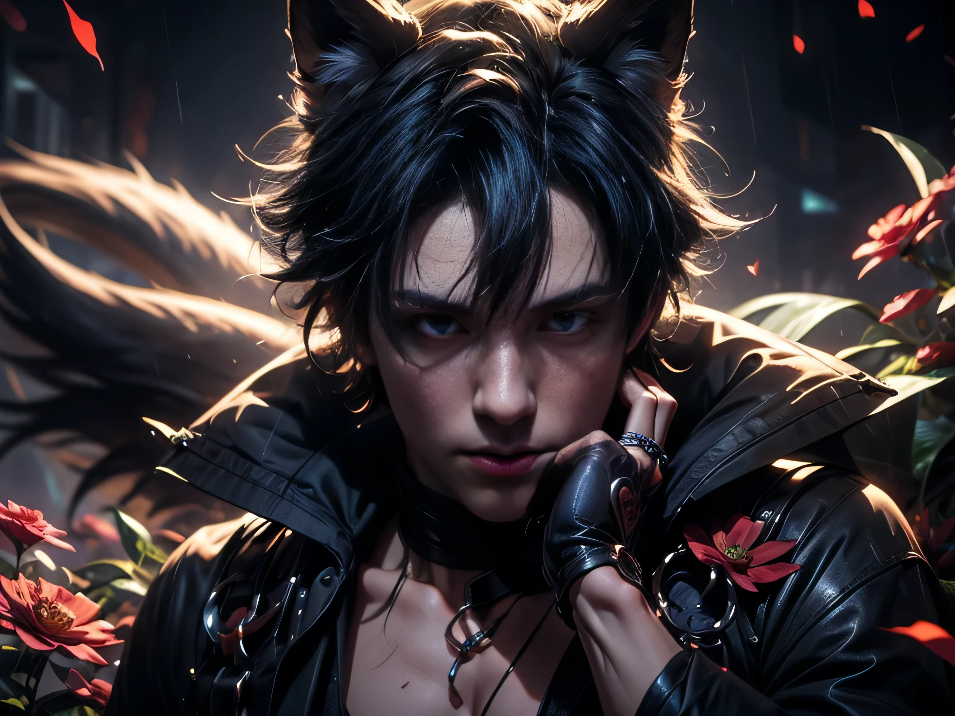 (Best Quality, 8K, Masterpiece, HDR, Soft Lighting, Picture Perfect, Realistic, Vivid), Nine Tails of a Black Fox (1.0), Tail of a Black Fox (1.0), Nine-Tailed Fox, Guy Fox with Black Hair and Blue Suit Sexy open leather suit, naked torso with developed body, beautiful fantasy anime, very handsome and cute fox guy, pink flower rain, background blur, anime fantasy, Gouves style work, realistic: 1.37, top view, lying in pink flowers, horizontal view, (ultra high quality fantasy art), masterpiece, male model, ultra high quality male character design, anime art with 8k development, realistic anime art, highest quality wallpaper illustrations, complex ultra high quality accurate male characters faces, high quality design and accurate physics (super high quality fantasy style)) art, dark fantasy)) Style), masterpieces, super high-quality characters, anime resolution - 8K, realistic anime art, wallpapers with the highest quality illustrations, ultra-high detail of faces, high-quality design and accuracy of physics), color, depth of field, shadows, ray tracing , production of high-quality computer wallpapers and 8K resolution, (Accurate simulation of the interaction of light and materials)], [High-quality hair detail [More about beautiful and shiny red hair]], (Beautifully detailed hands [perfect fingers [Perfect nails]], (perfect anatomy (perfect proportions)))) [[Full-length]], [Perfect combination of colors (Accurate imitation of the interaction of light and material)], [art that conveys the meaning of the story]