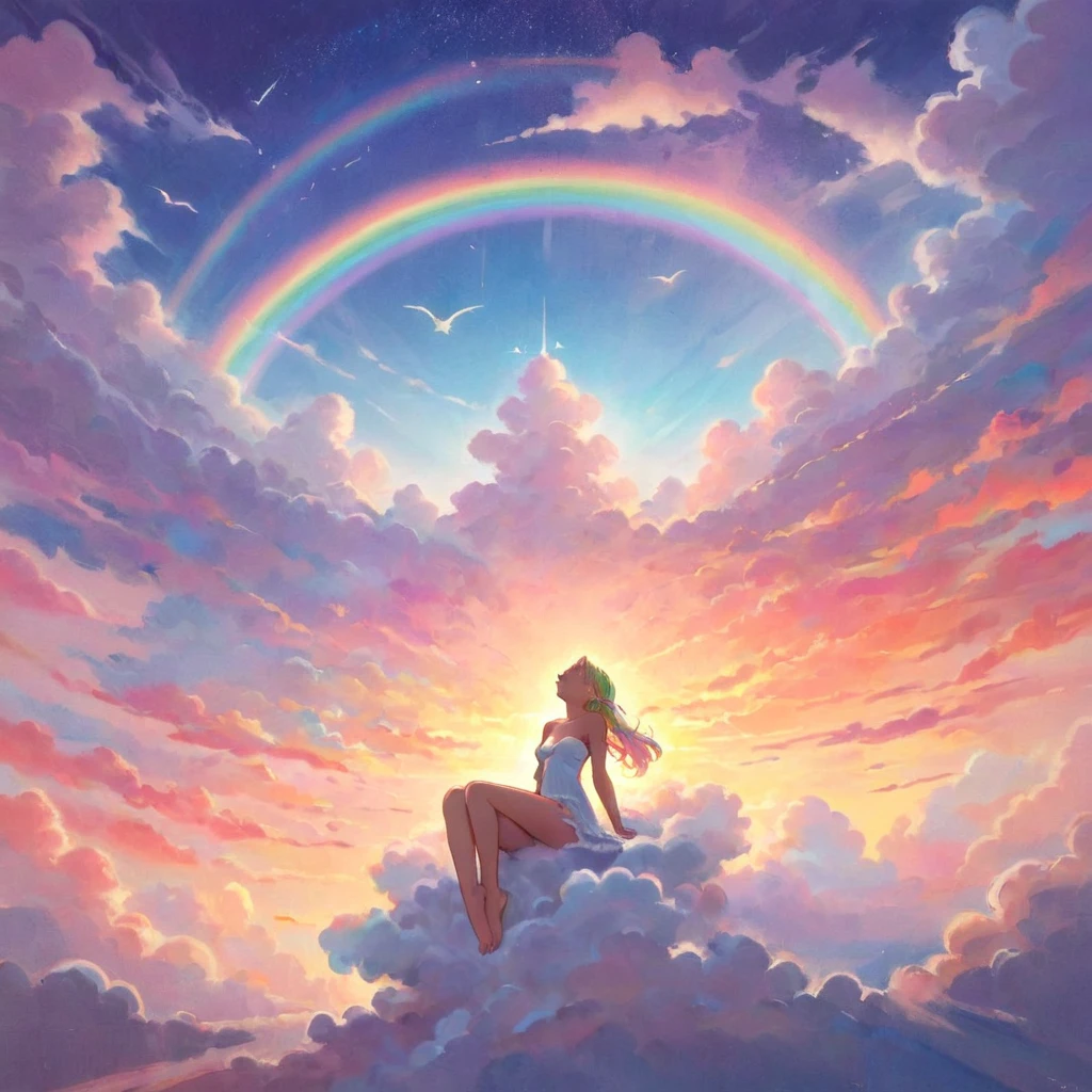 A stunningly ethereal woman, composed of a dazzling array of rainbow hues, reclines gracefully at the end of a radiant rainbow amidst the fluffy clouds in the sky. Bathed in dynamic and enchanting lighting, accentuates her vibrant, full-bodied form. Fantasy art. Masterpiece 