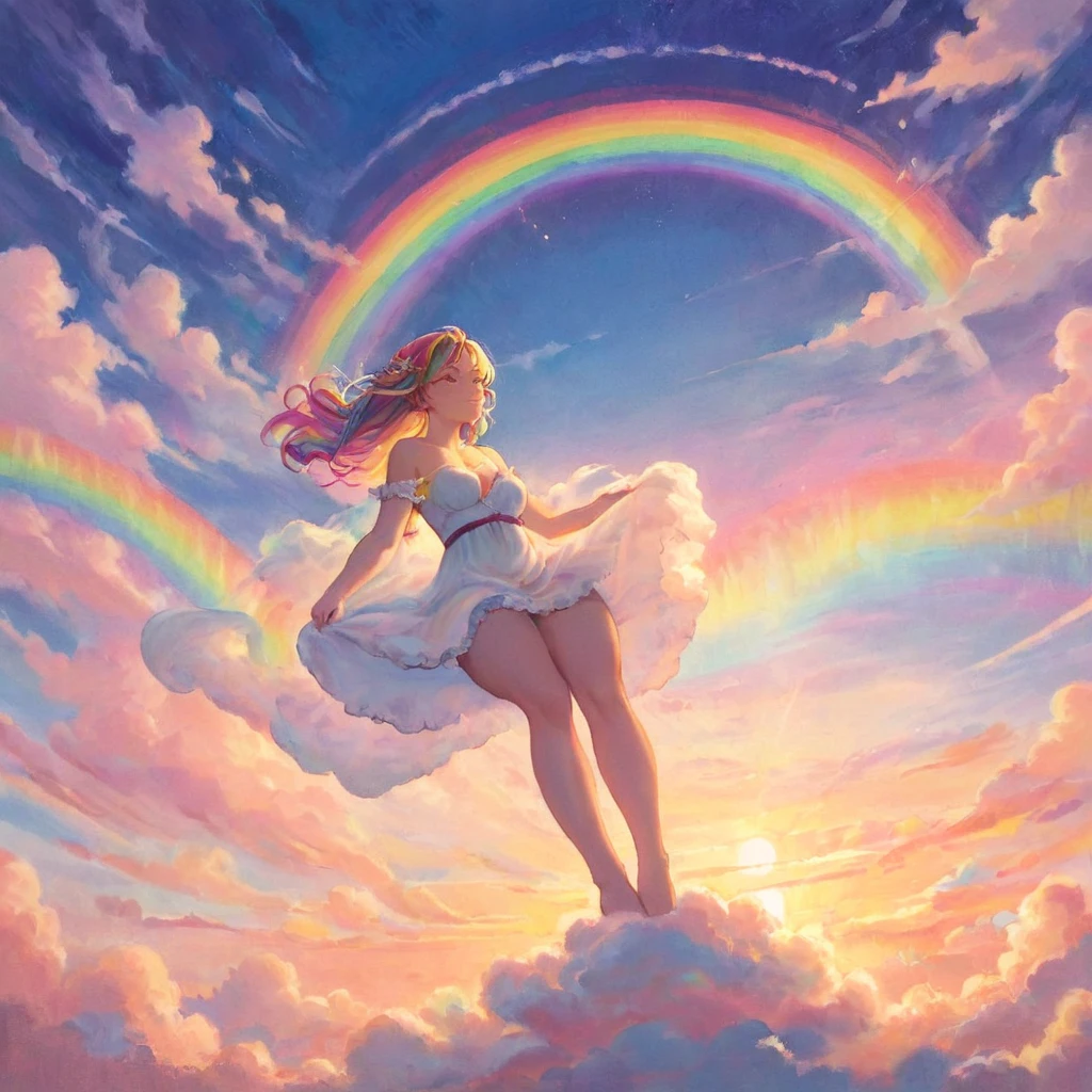 Uma mulher incrivelmente etérea, composto por uma deslumbrante variedade de tons de arco-íris, reclina-se graciosamente no final de um arco-íris radiante em meio às nuvens fofas do céu. Banhado por uma iluminação dinâmica e encantadora, acentua sua vibração, forma encorpada. arte de fantasia. Obra de arte 