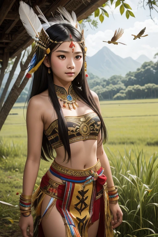 16 ans, jeune fille indonésienne chinoise, longs cheveux noirs, joli visage, beaux seins, peau blanche, Porter des vêtements traditionnels Dayak sans bretelles avec décoration en plumes d&#39;oiseaux sur la tête dansant dans un champ d&#39;herbe 