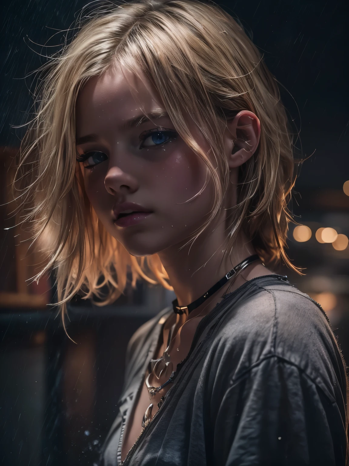 1 young girl, blonde hair, flat chested, wet, 18yo (best quality:1) , (masterpiece:1), (ultra detailed:1), photorealism, upper body, (looking at viewer:1.1), (indoors, night, darkness, dark room:1.2)
side on, short hair, choker, atmospheric lighting, moody and gritty, low key lighting
