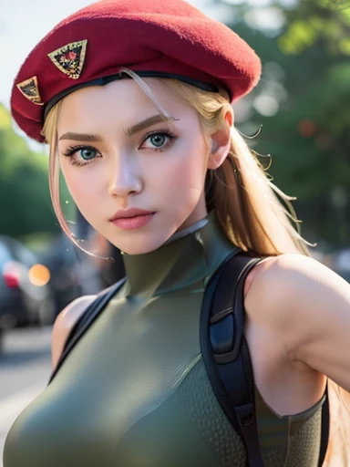 (((Fighting Pose))),masterpiece, highest quality, High resolution, One girl, Cammy White, Twin Blade, Long Hair, Blonde Hair, Antenna Hair, beret, (Red Hat:1.3), blue eyes, Wounds on the cheeks, Green leotard, big boobs 36 DD, No sleeve, Red gloves, Fingerless gloves, Camouflage, Cowboy Shot, Are standing, Outdoor, Arms at your sides, Straight,