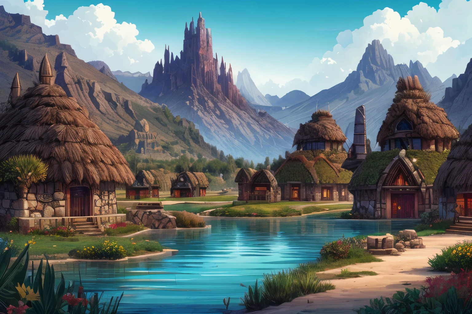 pueblo bárbaro nómadas, edificios de orcos bárbaros, fantasía de poder épica, oasis del lago floreciendo, paisaje desértico de montañas