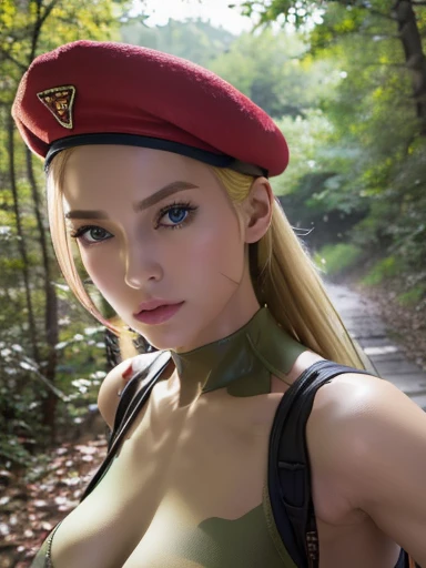 (((Fighting Pose))),masterpiece, highest quality, High resolution, One girl, Cammy White, Twin Blade, Long Hair, Blonde Hair, Antenna Hair, beret, (Red Hat:1.3), blue eyes, Wounds on the cheeks, Green leotard, big boobs 36 DD, No sleeve, Red gloves, Fingerless gloves, Camouflage, Cowboy Shot, Are standing, Outdoor, Arms at your sides, Straight,