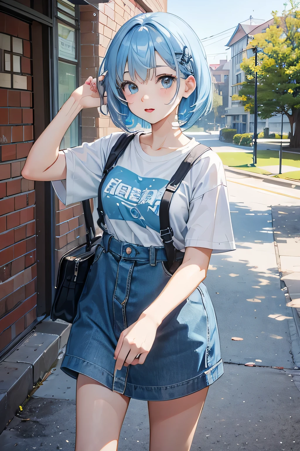 Light blue hair、Bob Hair、A lively and energetic girl、Boyish clothing、University Grounds、