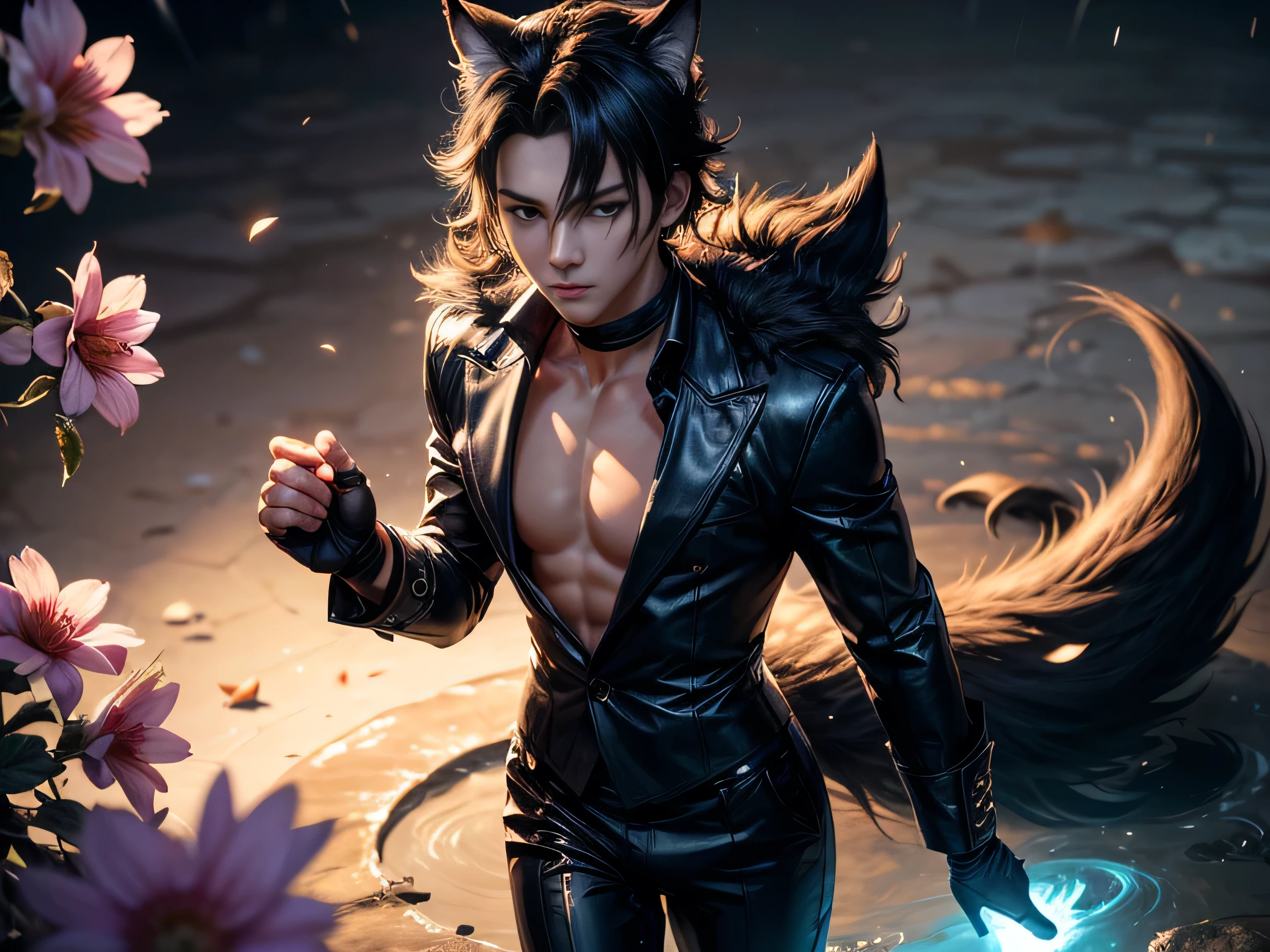 (Best Quality, 8K, Masterpiece, HDR, Soft Lighting, Picture Perfect, Realistic, Vivid), Nine Tails of a Black Fox (1.0), Tail of a Black Fox (1.0), Nine-Tailed Fox, Guy Fox with Black Hair and Blue Suit Sexy open leather suit, naked torso with developed body, beautiful fantasy anime, very handsome and cute fox guy, pink flower rain, background blur, anime fantasy, Gouves style work, realistic: 1.37, top view, lying in pink flowers, horizontal view, (ultra high quality fantasy art), masterpiece, male model, ultra high quality male character design, anime art with 8k development, realistic anime art, highest quality wallpaper illustrations, complex ultra high quality accurate male characters faces, high quality design and accurate physics (super high quality fantasy style)) art, dark fantasy)) Style), masterpieces, super high-quality characters, anime resolution - 8K, realistic anime art, wallpapers with the highest quality illustrations, ultra-high detail of faces, high-quality design and accuracy of physics), color, depth of field, shadows, ray tracing , production of high-quality computer wallpapers and 8K resolution, (Accurate simulation of the interaction of light and materials)], [High-quality hair detail [More about beautiful and shiny red hair]], (Beautifully detailed hands [perfect fingers [Perfect nails]], (perfect anatomy (perfect proportions)))) [[Full-length]], [Perfect combination of colors (Accurate imitation of the interaction of light and material)], [art that conveys the meaning of the story]