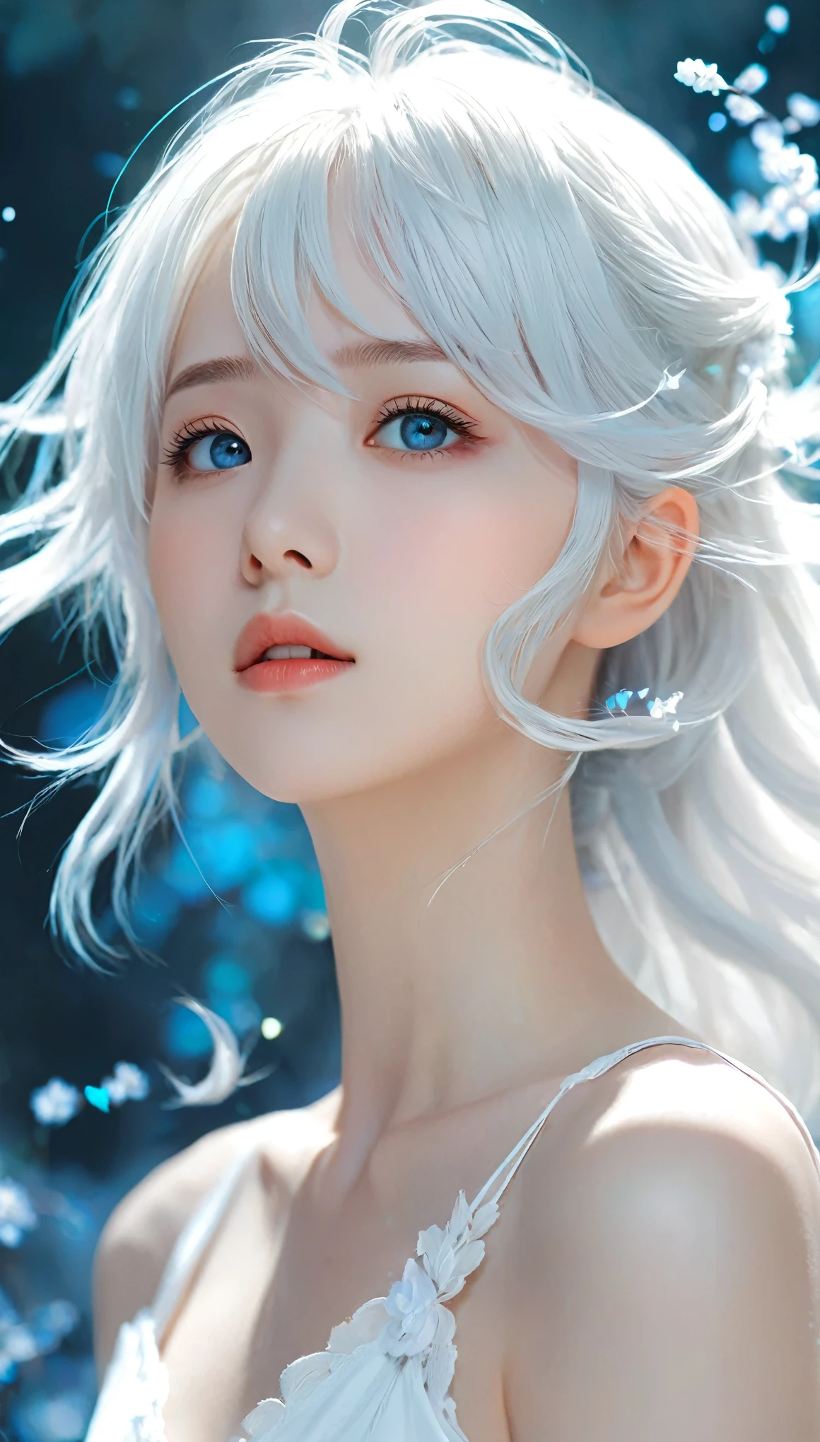 Há um cabelo azul、Mulher de camisa branca, Guweiz style artwork, cabelos brancos esvoaçantes, lindo retrato de anime, cabelos brancos flutuando no ar, Ilustra??o de anime suave, Garota de cabelo branco, retratos de rosto de anime impressionantes, Garota de anime de cabelo ciano, Guweiz, Lindas obras de arte de anime, Animação etérea, menina com olhos brancos, arte de animação digital