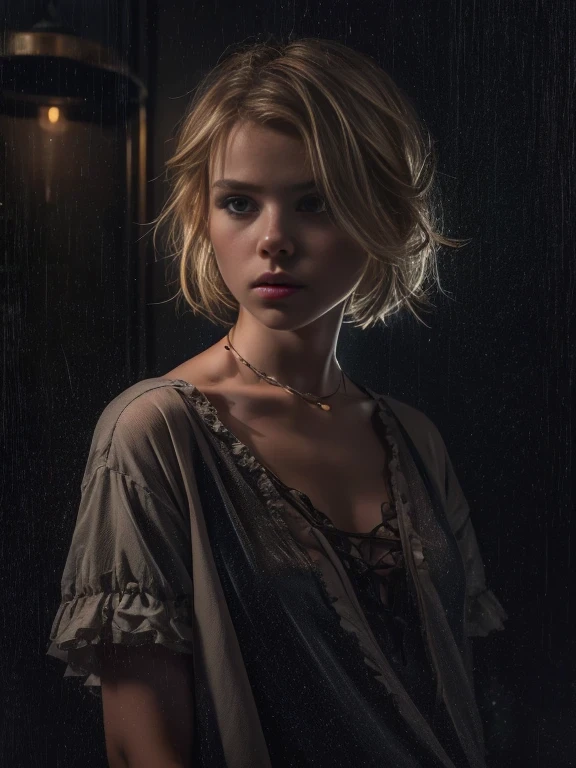 1 young girl, blonde hair, very small breasts, flat chested, 18yo (best quality:1) , (masterpiece:1), (ultra detailed:1), photorealism, upper body, (looking at viewer:1.1), (indoors, night, darkness, dark room:1.2) side on, short hair, choker, atmospheric lighting, moody and gritty, low key lighting