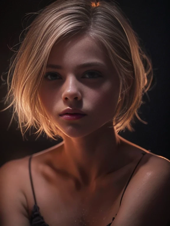 1 young girl, blonde hair, very small breasts, flat chested, 18yo (best quality:1) , (masterpiece:1), (ultra detailed:1), photorealism, upper body, (looking at viewer:1.1), (indoors, night, darkness, dark room:1.2) side on, short hair, atmospheric lighting, moody and gritty, low key lighting