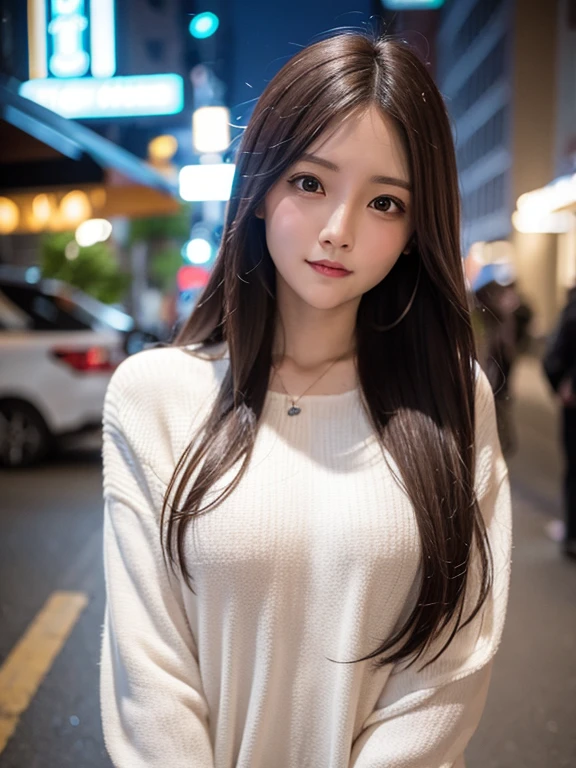 masterpiece, highest quality, High resolution,alone,Brown,artistic,Best lighting,Casual clothing,Flat Chest,Beautiful Face,expensive,smile,light makeup,Age 24,Calm woman,Detailed Hair,Laughing woman,Face Focus,Wavy Hair,Very white skin,Thin eyebrows,Woman wearing a jacket,outside,night,Background Bokashi,illumination,Low exposure,