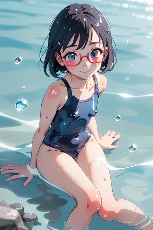 (Superflat, Flat Shading)，Two girls, 10 years old，curve，Cute Swimsuits，end, -in addition,Glasses，真summer，barefoot，smile, blush, summer, blue sea, Seaside，Wet body，Splash，Sweat，Water Drop，bright, Low - Angle, bright色, Ghibli style，Accurate and detailed female fingers，