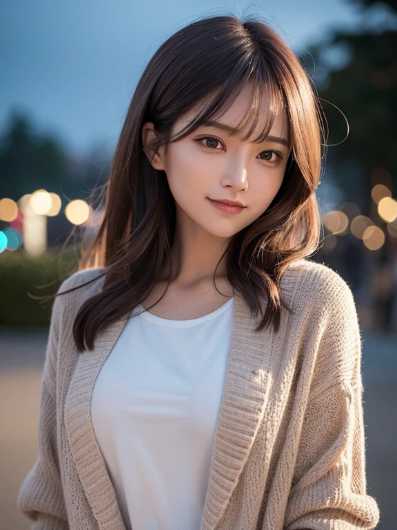 masterpiece, highest quality, High resolution,alone,Brown,artistic,Best lighting,Casual clothing,Flat Chest,Beautiful Face,expensive,smile,light makeup,Age 24,Calm woman,Detailed Hair,Laughing woman,Face Focus,Wavy Hair,Vibrant colors,Thin eyebrows,Woman wearing a jacket,outside,night,Background Bokashi,illumination,Low exposure,