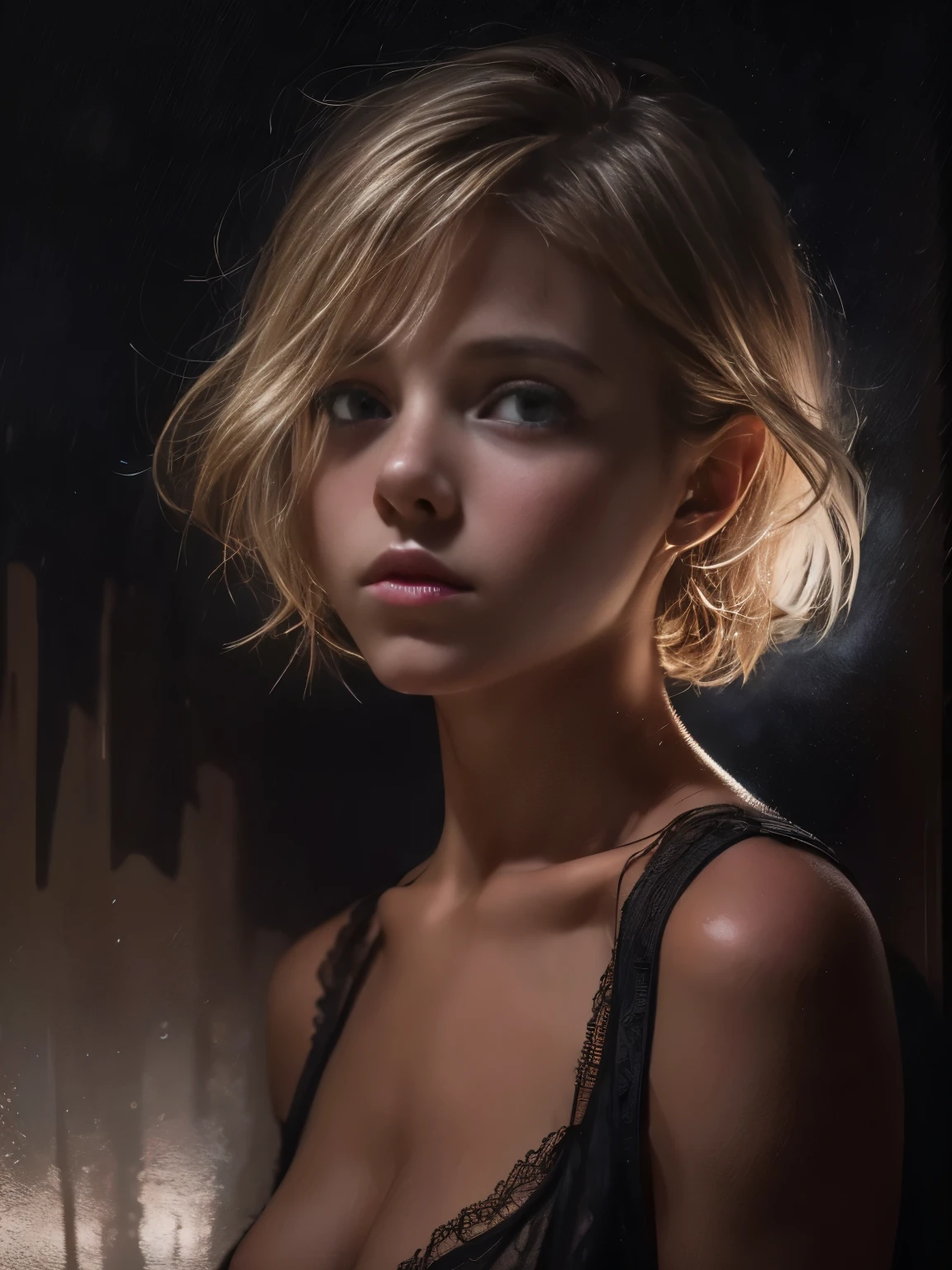 1 young girl, blonde hair, very small breasts, flat chested, 18yo (best quality:1) , (masterpiece:1), (ultra detailed:1), photorealism, upper body, (looking at viewer:1.1), (indoors, night, darkness, dark room:1.2) side on, short hair, atmospheric lighting, moody and gritty, low key lighting